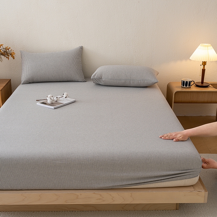 91家纺网 家纺一手货源 找家纺 吉象家纺 2025新款全棉色织水洗棉床笠三件套 秘境灰条