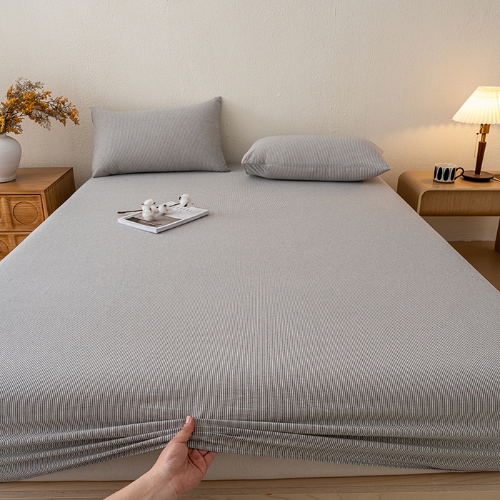 91家纺网 家纺一手货源 找家纺 吉象家纺 2025新款全棉色织水洗棉床笠三件套 秘境灰条