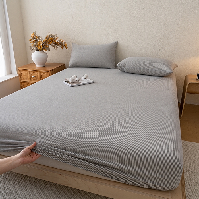 91家纺网 家纺一手货源 找家纺 吉象家纺 2025新款全棉色织水洗棉床笠三件套 秘境灰条