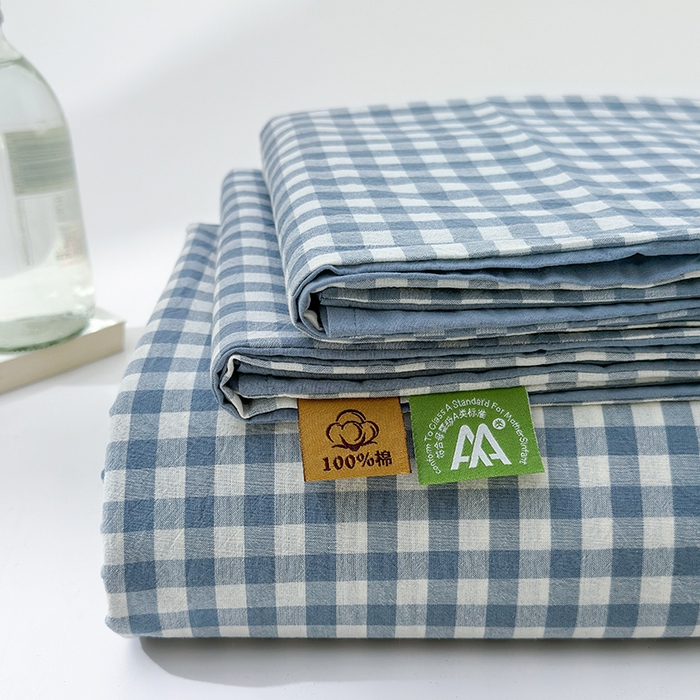 91家纺网 家纺一手货源 找家纺 吉象家纺 2025新款全棉色织水洗棉床单三件套 蓝小格