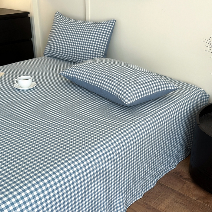91家纺网 家纺一手货源 找家纺 吉象家纺 2025新款全棉色织水洗棉床单三件套 蓝小格