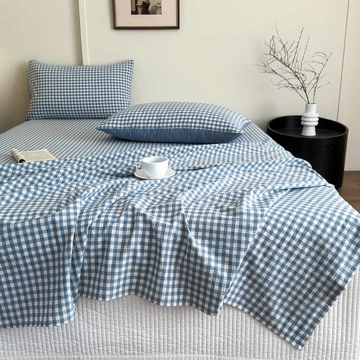 91家纺网 家纺一手货源 找家纺 吉象家纺 2025新款全棉色织水洗棉床单三件套 蓝小格