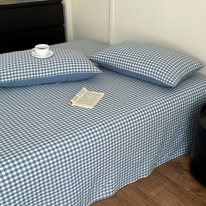 91家纺网 家纺一手货源 找家纺 吉象家纺 2025新款全棉色织水洗棉床单三件套 蓝小格