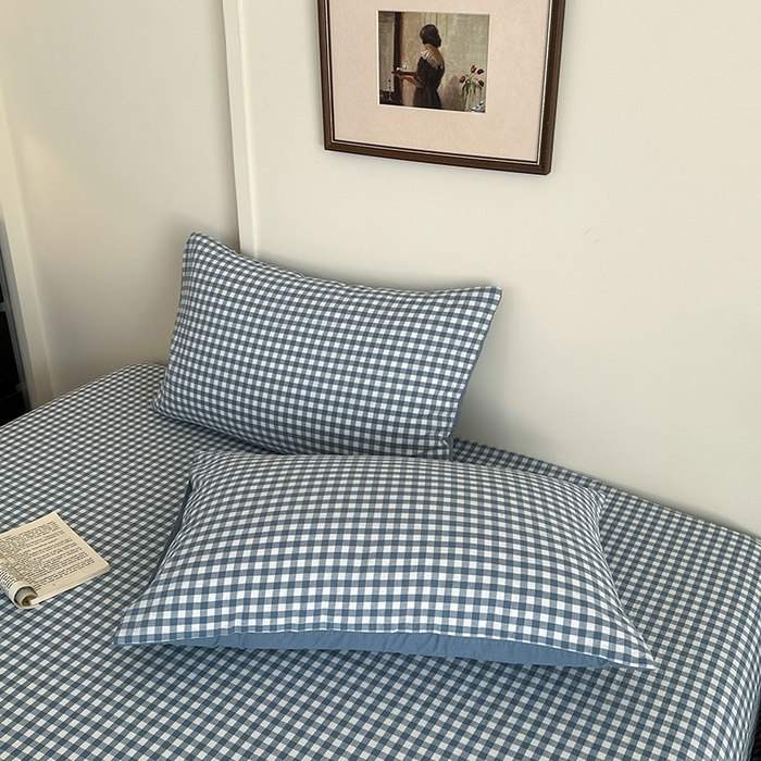 91家纺网 家纺一手货源 找家纺 吉象家纺 2025新款全棉色织水洗棉床单三件套 蓝小格