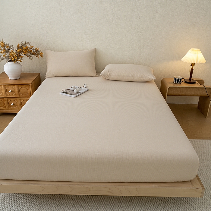 91家纺网 家纺一手货源 找家纺 吉象家纺 2025新款全棉色织水洗棉床笠三件套 秘境咖条