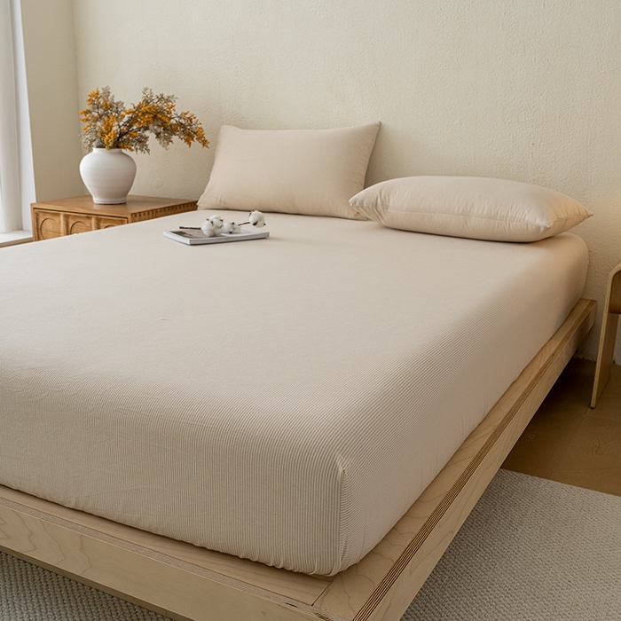 91家纺网 家纺一手货源 找家纺 吉象家纺 2025新款全棉色织水洗棉床笠三件套 秘境咖条