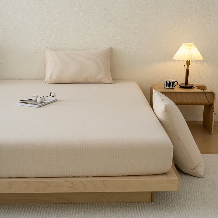 91家纺网 家纺一手货源 找家纺 吉象家纺 2025新款全棉色织水洗棉床笠三件套 秘境咖条