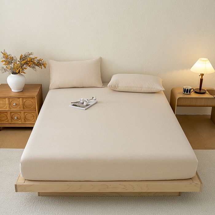 91家纺网 家纺一手货源 找家纺 吉象家纺 2025新款全棉色织水洗棉床笠三件套 秘境咖条