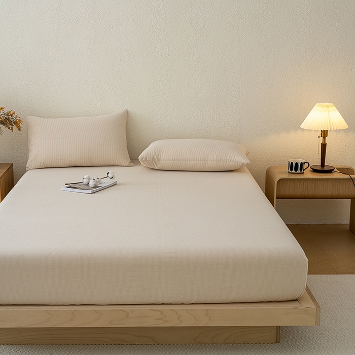 91家纺网 家纺一手货源 找家纺 吉象家纺 2025新款全棉色织水洗棉床笠三件套 秘境咖条