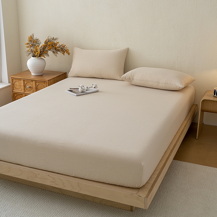 91家纺网 家纺一手货源 找家纺 吉象家纺 2025新款全棉色织水洗棉床笠三件套 秘境咖条