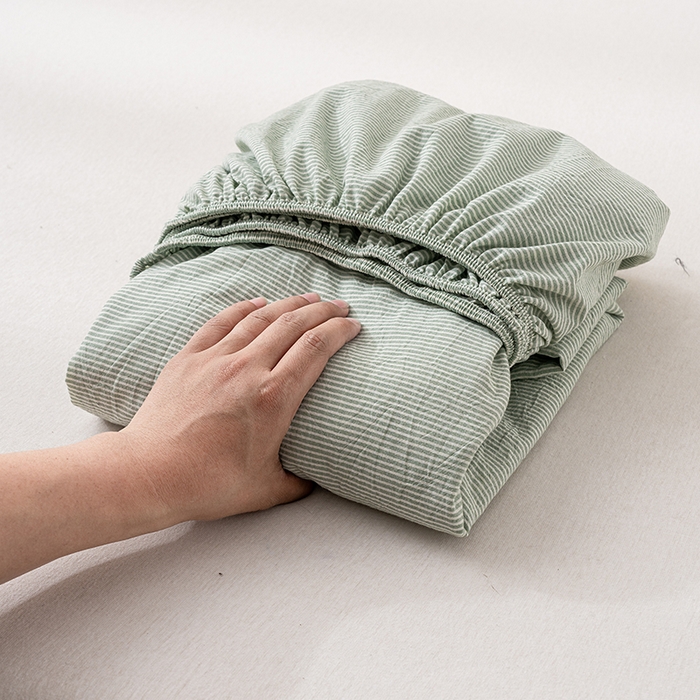 吉象家纺 2025新款全棉色织水洗棉床笠三件套 秘境绿条