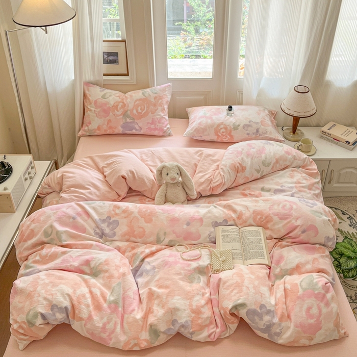 91家纺网 家纺一手货源 找家纺 海岛哥哥 2025新款高克重木棉提花双层纱四件套-风格二 轻轻密语