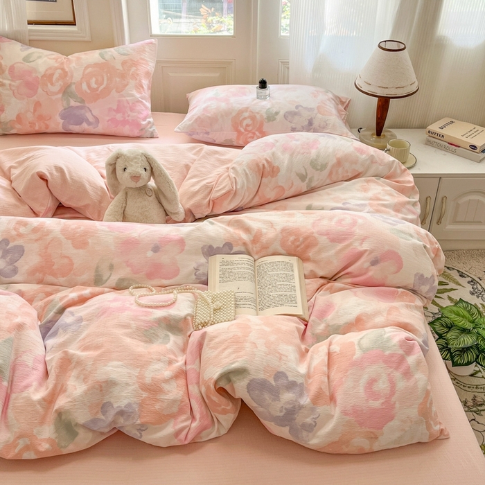 91家纺网 家纺一手货源 找家纺 海岛哥哥 2025新款高克重木棉提花双层纱四件套-风格二 轻轻密语