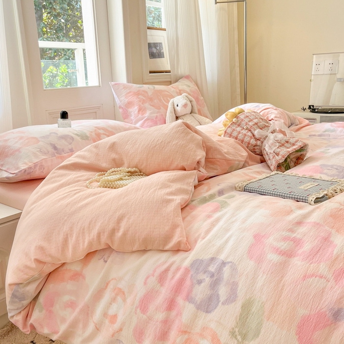 91家纺网 家纺一手货源 找家纺 海岛哥哥 2025新款高克重木棉提花双层纱四件套-风格二 轻轻密语