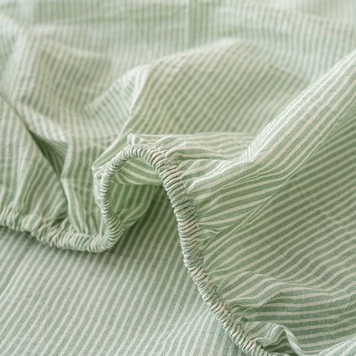 91家纺网 家纺一手货源 找家纺 吉象家纺 2025新款全棉色织水洗棉床笠三件套 秘境绿条