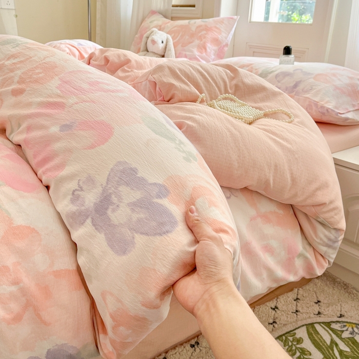 91家纺网 家纺一手货源 找家纺 海岛哥哥 2025新款高克重木棉提花双层纱四件套-风格二 轻轻密语