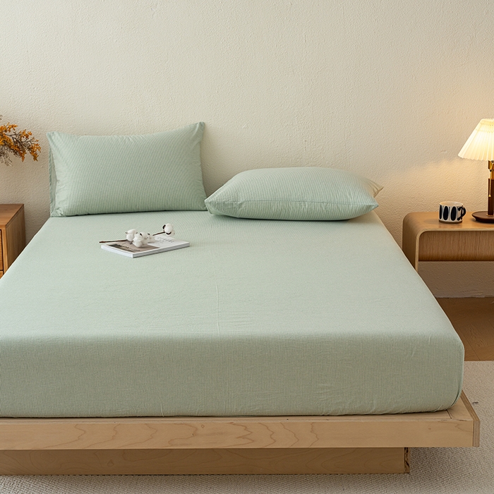 91家纺网 家纺一手货源 找家纺 吉象家纺 2025新款全棉色织水洗棉床笠三件套 秘境绿条