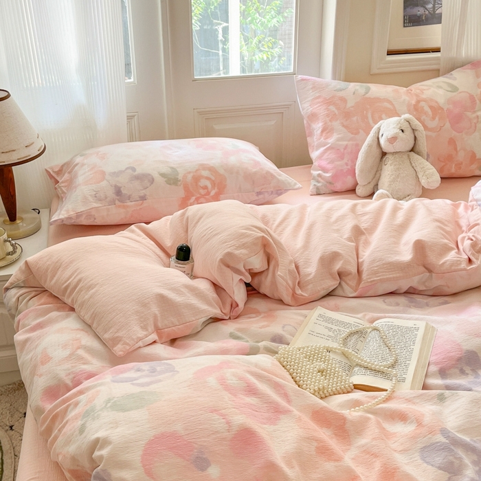 91家纺网 家纺一手货源 找家纺 海岛哥哥 2025新款高克重木棉提花双层纱四件套-风格二 轻轻密语