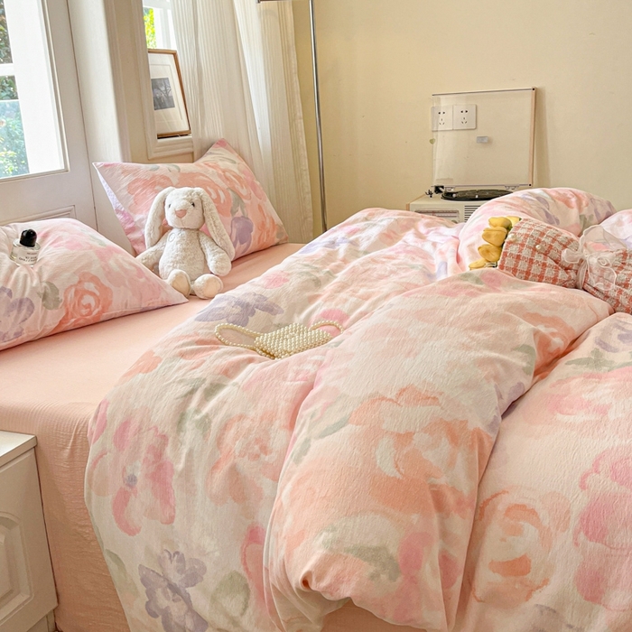 91家纺网 家纺一手货源 找家纺 海岛哥哥 2025新款高克重木棉提花双层纱四件套-风格二 轻轻密语