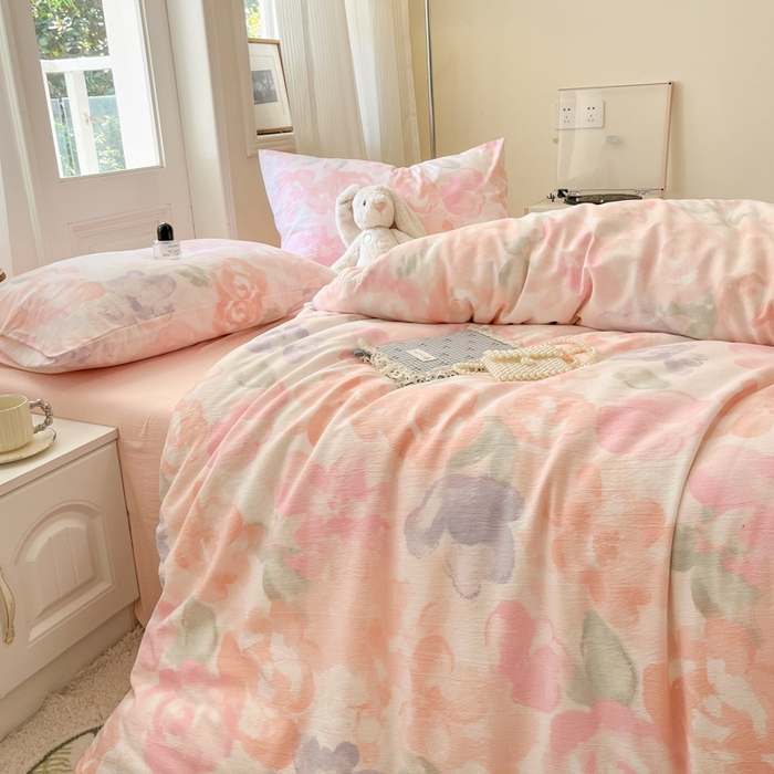 91家纺网 家纺一手货源 找家纺 海岛哥哥 2025新款高克重木棉提花双层纱四件套-风格二 轻轻密语