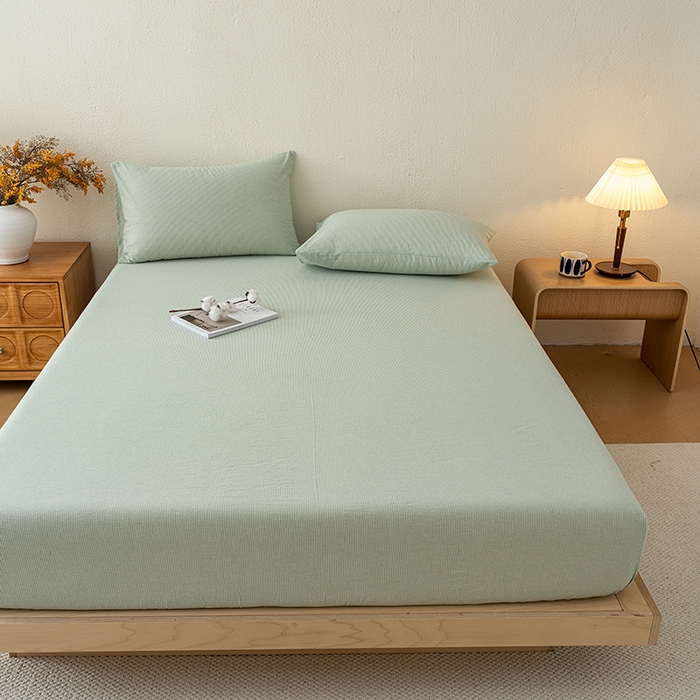 91家纺网 家纺一手货源 找家纺 吉象家纺 2025新款全棉色织水洗棉床笠三件套 秘境绿条