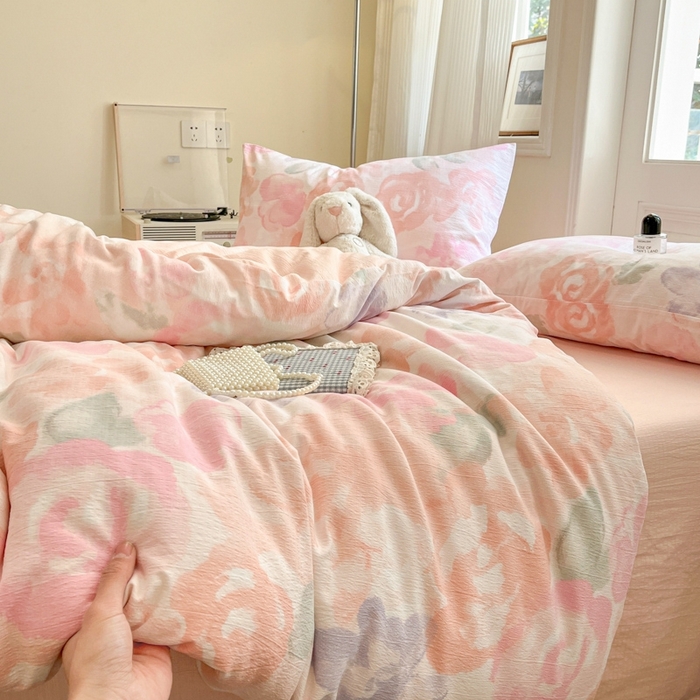 91家纺网 家纺一手货源 找家纺 海岛哥哥 2025新款高克重木棉提花双层纱四件套-风格二 轻轻密语