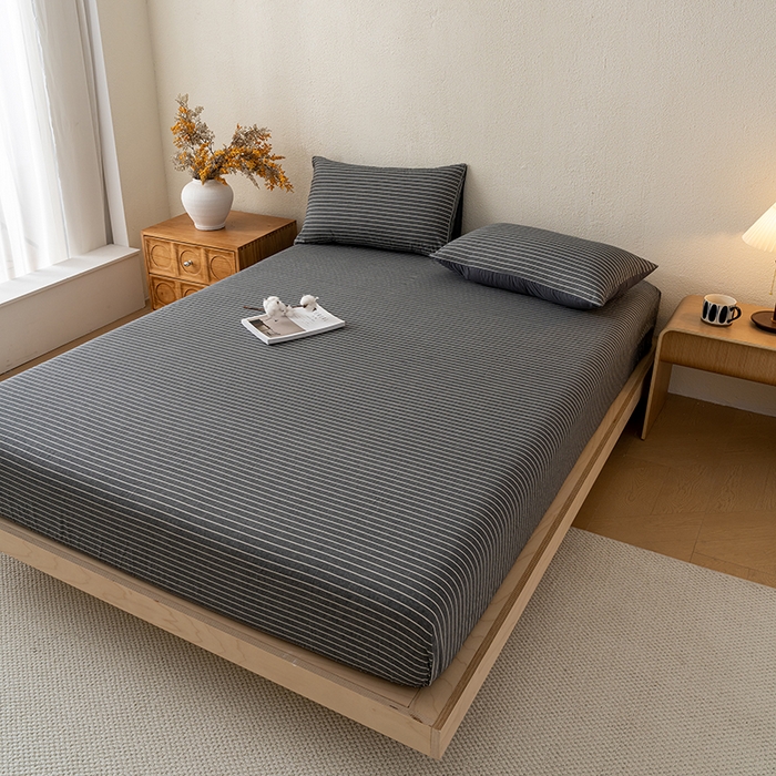 91家纺网 家纺一手货源 找家纺 吉象家纺 2025新款全棉色织水洗棉床笠三件套 拿铁