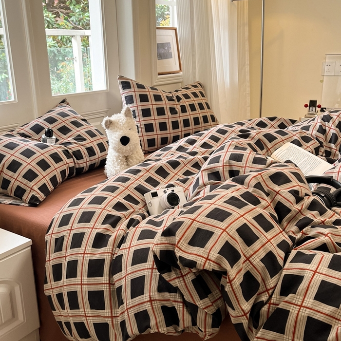 91家纺网 家纺一手货源 找家纺 海岛哥哥 2025新款高克重木棉提花双层纱四件套-风格二 素简格