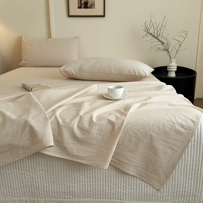 91家纺网 家纺一手货源 找家纺 吉象家纺 2025新款全棉色织水洗棉床单三件套 秘境咖条