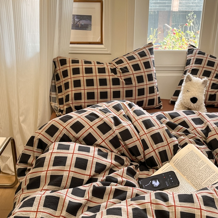 91家纺网 家纺一手货源 找家纺 海岛哥哥 2025新款高克重木棉提花双层纱四件套-风格二 素简格