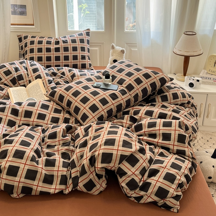 91家纺网 家纺一手货源 找家纺 海岛哥哥 2025新款高克重木棉提花双层纱四件套-风格二 素简格