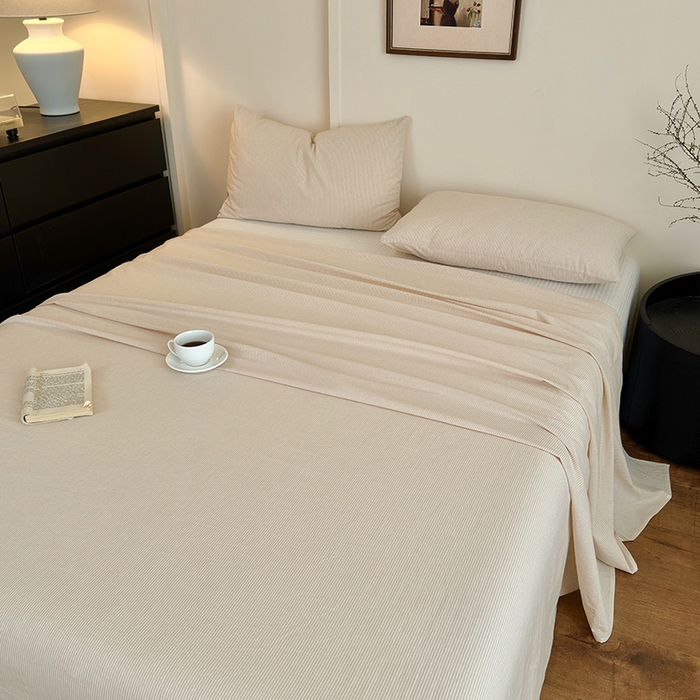 91家纺网 家纺一手货源 找家纺 吉象家纺 2025新款全棉色织水洗棉床单三件套 秘境咖条