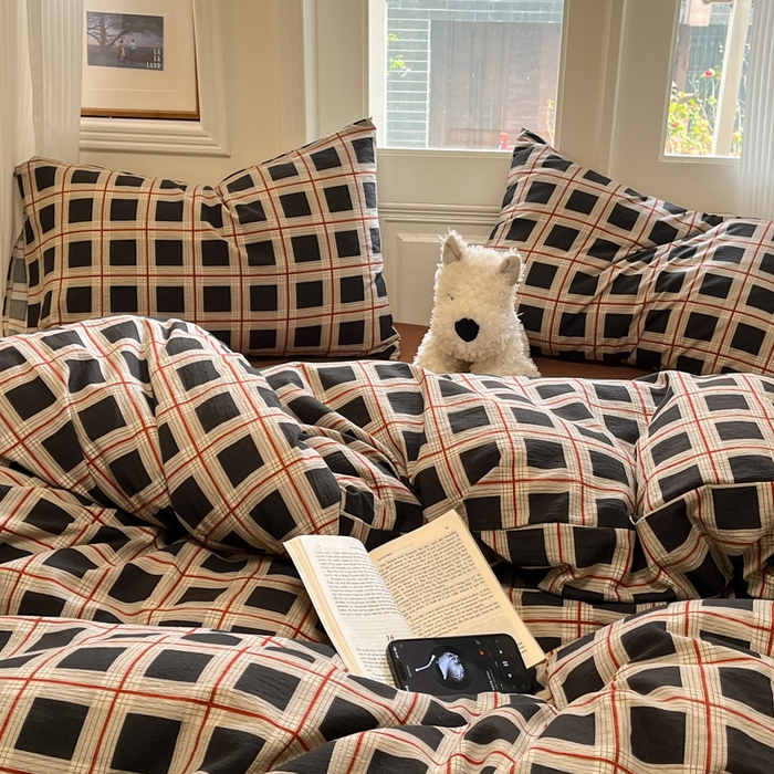 91家纺网 家纺一手货源 找家纺 海岛哥哥 2025新款高克重木棉提花双层纱四件套-风格二 素简格