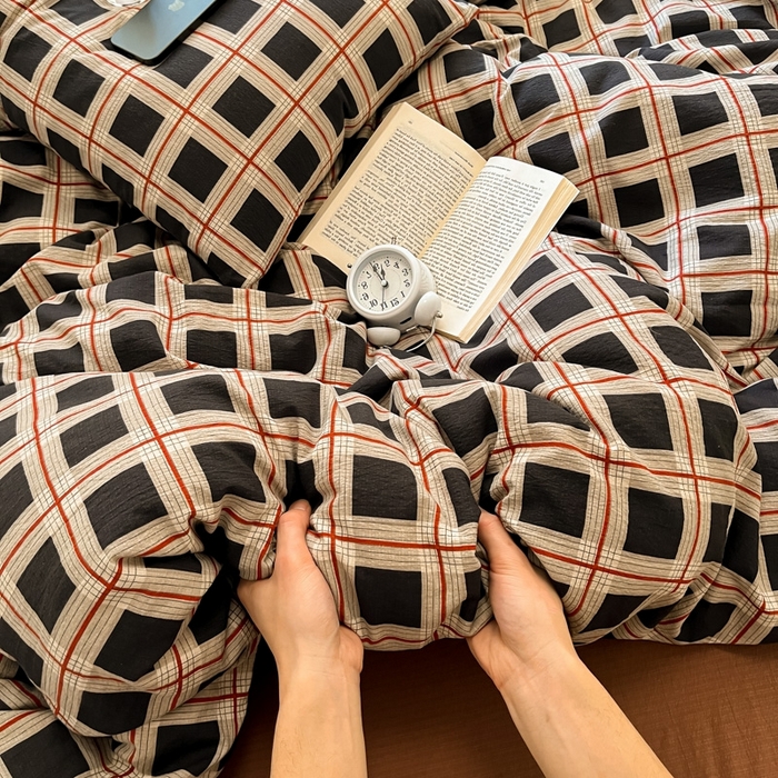 91家纺网 家纺一手货源 找家纺 海岛哥哥 2025新款高克重木棉提花双层纱四件套-风格二 素简格