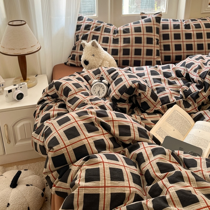 91家纺网 家纺一手货源 找家纺 海岛哥哥 2025新款高克重木棉提花双层纱四件套-风格二 素简格