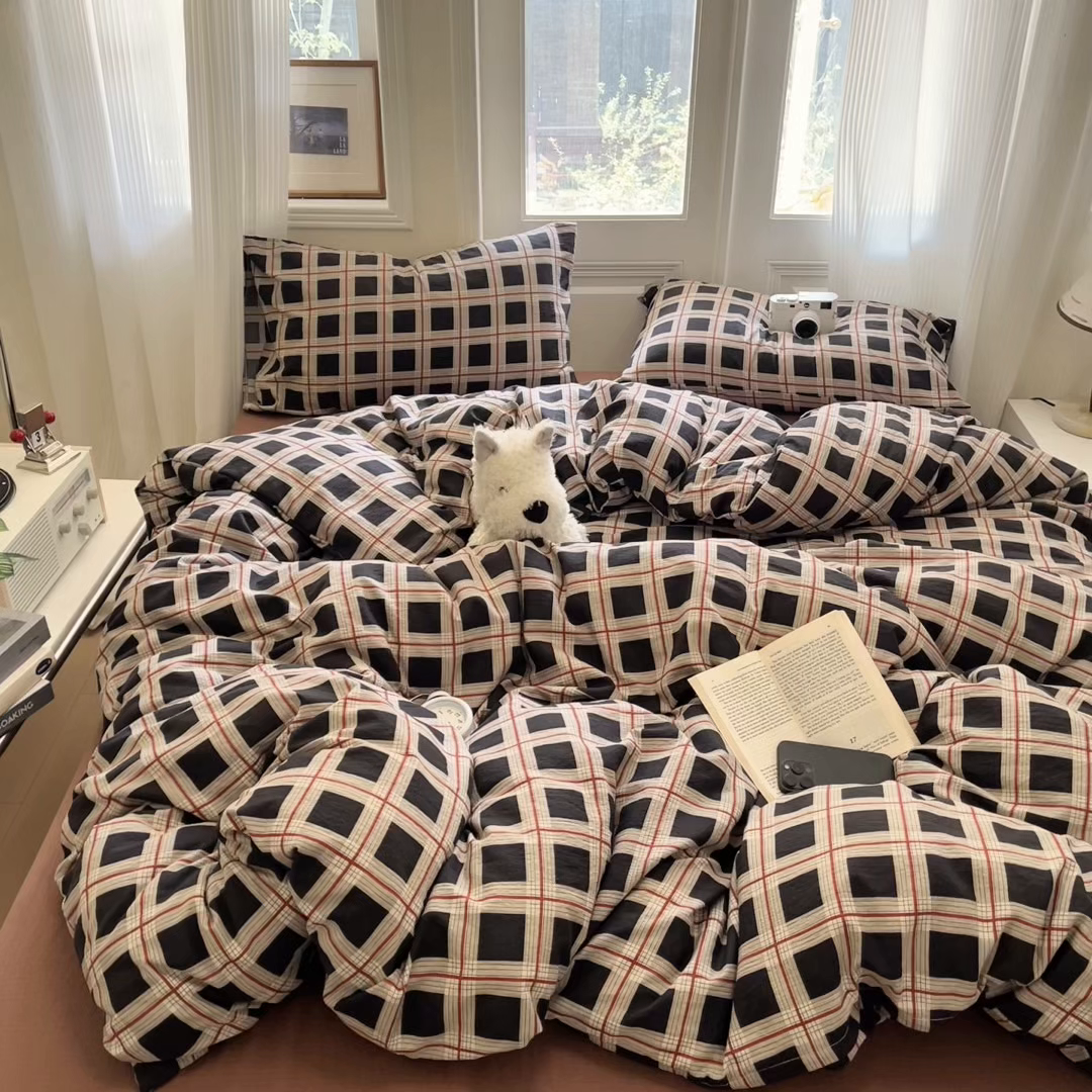 91家纺网 家纺一手货源 找家纺 海岛哥哥 2025新款高克重木棉提花双层纱四件套-风格二 素简格