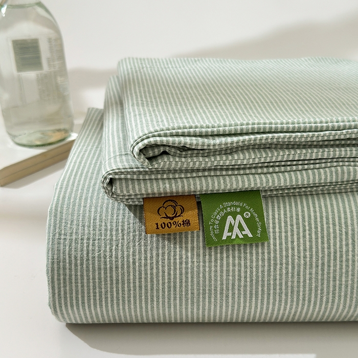 91家纺网 家纺一手货源 找家纺 吉象家纺 2025新款全棉色织水洗棉床单三件套 秘境绿条