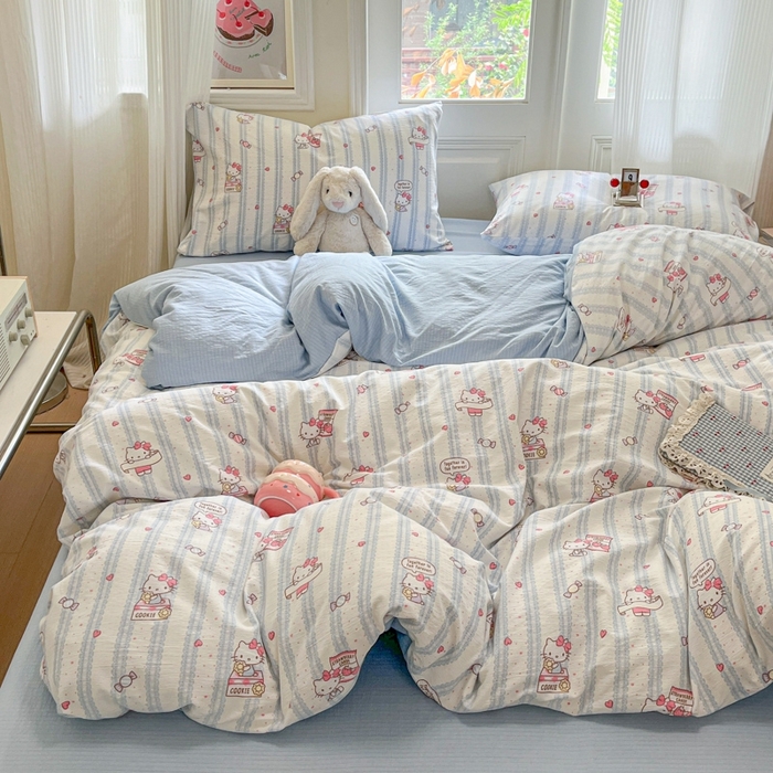 91家纺网 家纺一手货源 找家纺 海岛哥哥 2025新款高克重木棉提花双层纱四件套-风格二 糖果小咪