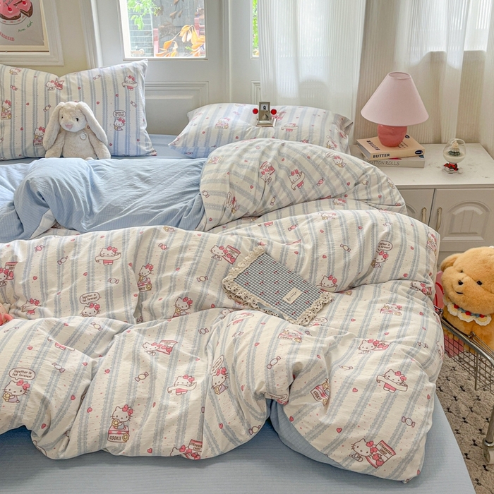 91家纺网 家纺一手货源 找家纺 海岛哥哥 2025新款高克重木棉提花双层纱四件套-风格二 糖果小咪