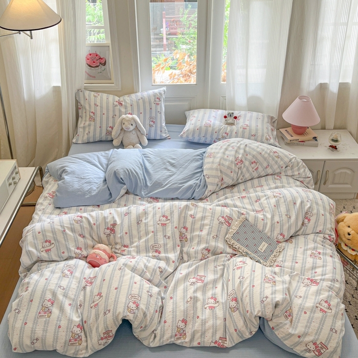 91家纺网 家纺一手货源 找家纺 海岛哥哥 2025新款高克重木棉提花双层纱四件套-风格二 糖果小咪