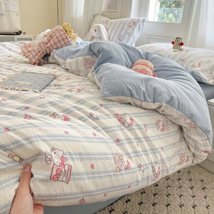 91家纺网 家纺一手货源 找家纺 海岛哥哥 2025新款高克重木棉提花双层纱四件套-风格二 糖果小咪