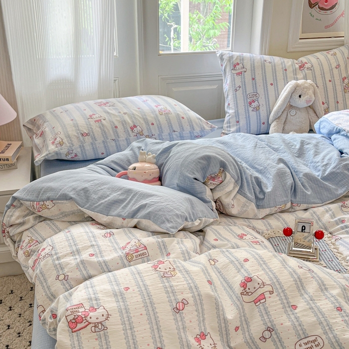 91家纺网 家纺一手货源 找家纺 海岛哥哥 2025新款高克重木棉提花双层纱四件套-风格二 糖果小咪