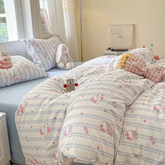 91家纺网 家纺一手货源 找家纺 海岛哥哥 2025新款高克重木棉提花双层纱四件套-风格二 糖果小咪