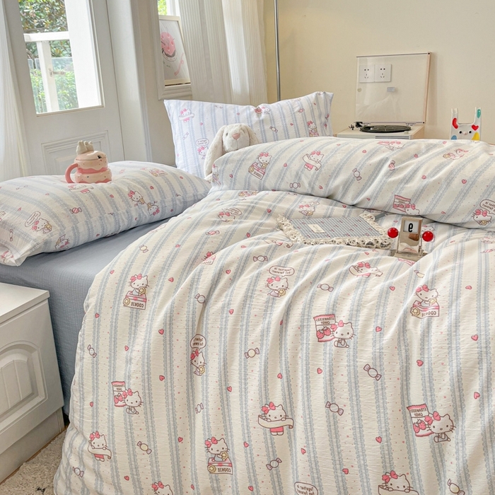 91家纺网 家纺一手货源 找家纺 海岛哥哥 2025新款高克重木棉提花双层纱四件套-风格二 糖果小咪