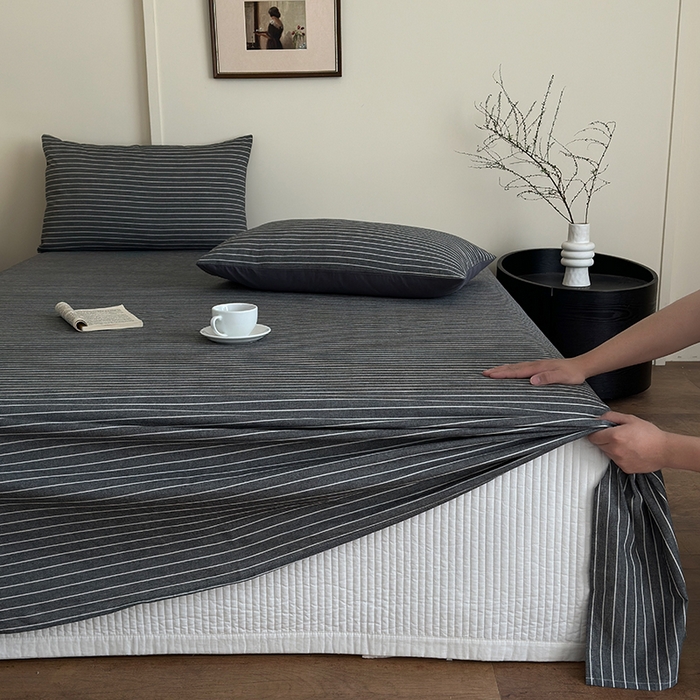 91家纺网 家纺一手货源 找家纺 吉象家纺 2025新款全棉色织水洗棉床单三件套 拿铁