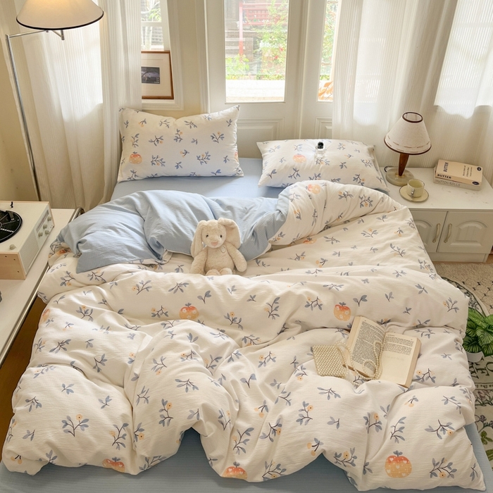 91家纺网 家纺一手货源 找家纺 海岛哥哥 2025新款高克重木棉提花双层纱四件套-风格二 恬趣-蓝