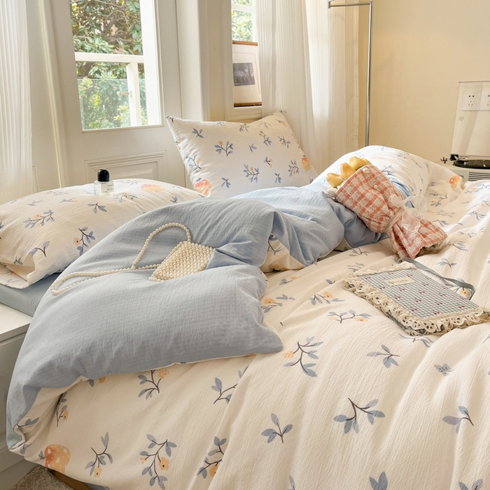 91家纺网 家纺一手货源 找家纺 海岛哥哥 2025新款高克重木棉提花双层纱四件套-风格二 恬趣-蓝