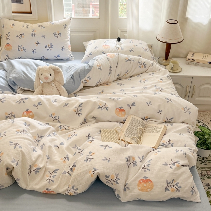 91家纺网 家纺一手货源 找家纺 海岛哥哥 2025新款高克重木棉提花双层纱四件套-风格二 恬趣-蓝