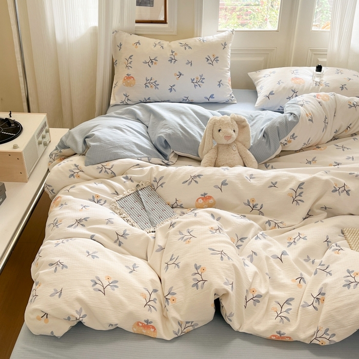 91家纺网 家纺一手货源 找家纺 海岛哥哥 2025新款高克重木棉提花双层纱四件套-风格二 恬趣-蓝