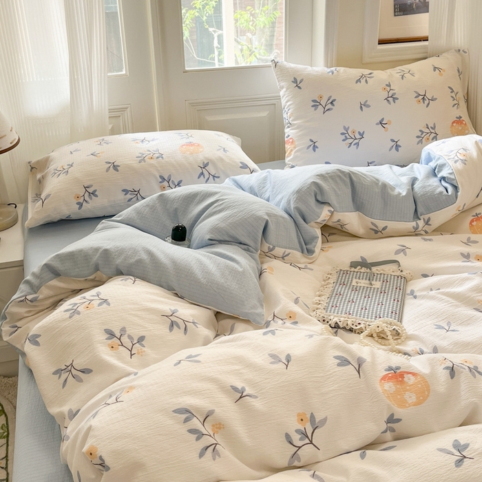 91家纺网 家纺一手货源 找家纺 海岛哥哥 2025新款高克重木棉提花双层纱四件套-风格二 恬趣-蓝